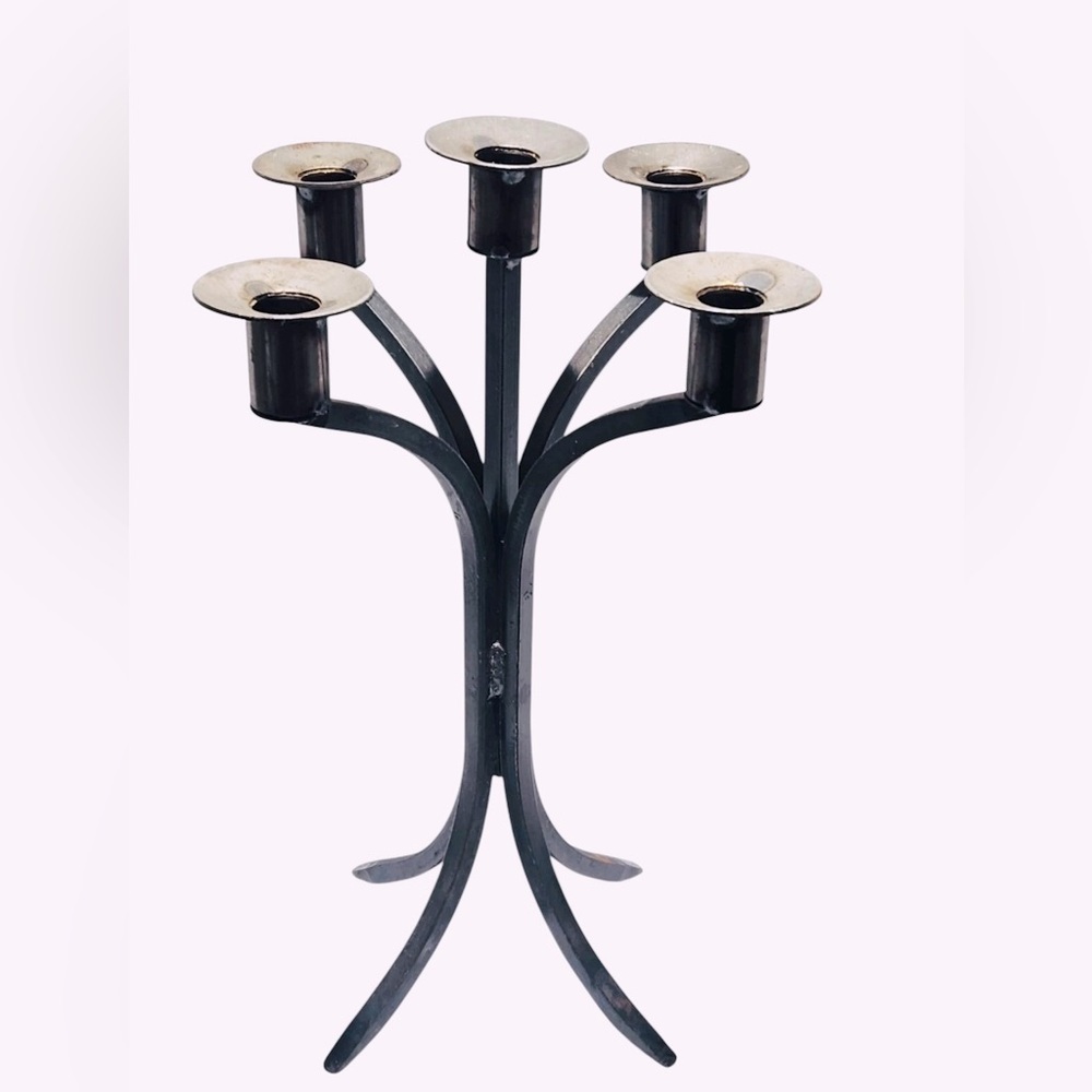 Vintage Art Deco Iron Triple Taper Candle Holder Great Patina Candelabra